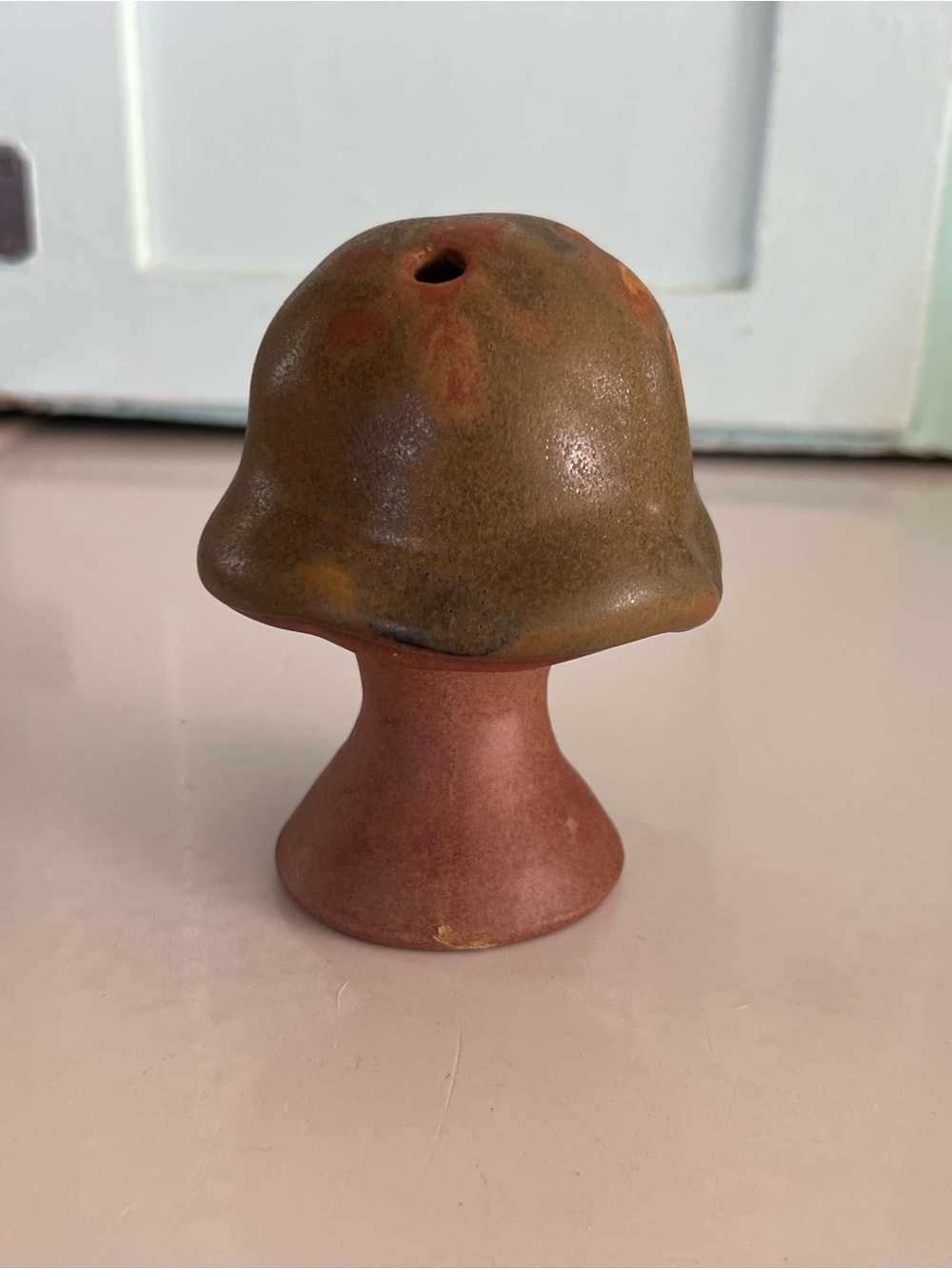 Handmade Ceramic Mushroom Sculpture in Olive Green and Terracotta